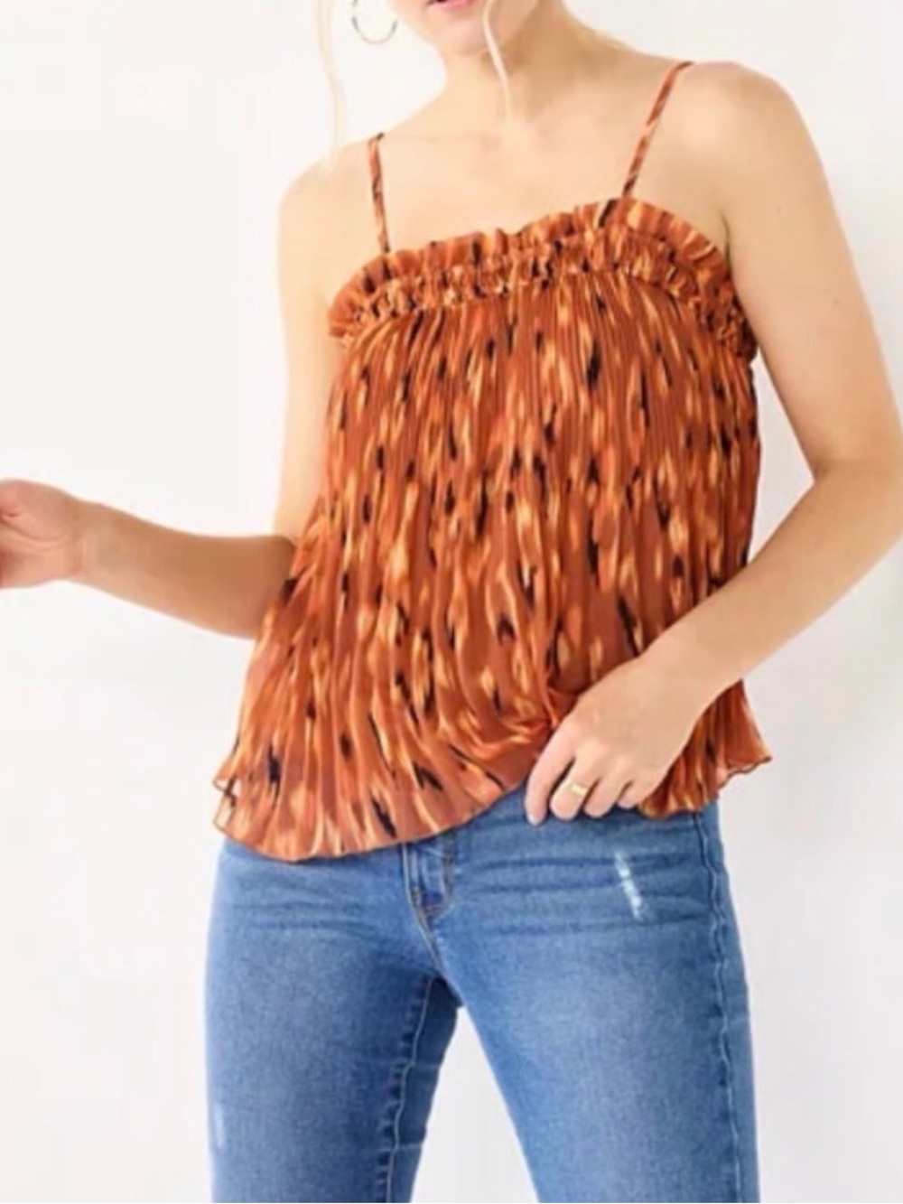 Nine West Smocked Ruffle Cami Top in Rust Print